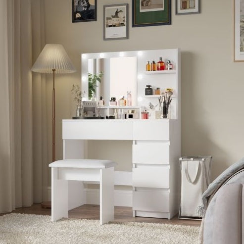 Vanity, Makeup Vanity Desk Set With Mirror Light, Dressing Table Storage Lots With Power Strip, 3 Lighting Modes With Adjustable Brightness, 37 Inches White With Stool