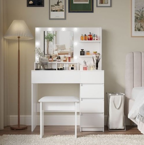Vanity, Makeup Vanity Desk Set With Mirror Light, Dressing Table Storage Lots With Power Strip, 3 Lighting Modes With Adjustable Brightness, 37 Inches White With Stool